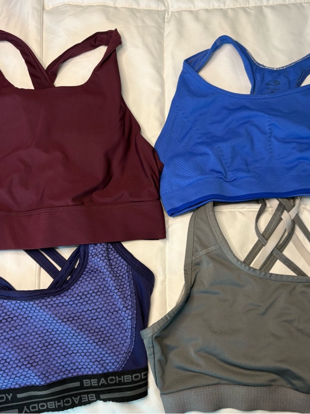 Beachbody and other Seamless Strappy Sports Bra - Blue, Maroon, Purple, Gray